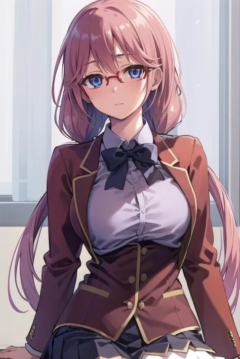 airisakura, <lora:airisakura-lora-nochekaiser:1>,
airi sakura, blue eyes, glasses, long hair, pink hair, (low twintails:1.5),
BREAK glasses, advanced nurturing high school uniform, blazer, red blazer, bow, bowtie, collared shirt, jacket, long sleeves, pleated skirt, school uniform, shirt, shoes, skirt, white shirt, white skirt, white socks,
BREAK looking at viewer, full body,
BREAK indoors, classroom,
BREAK <lyco:GoodHands-beta2:1>, (masterpiece:1.2), best quality, high resolution, unity 8k wallpaper, (illustration:0.8), (beautiful detailed eyes:1.6), extremely detailed face, perfect lighting, extremely detailed CG, (perfect hands, perfect anatomy),