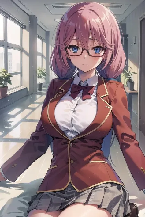 airisakura, <lora:airisakura-lora-nochekaiser:1>,
airi sakura, blue eyes, glasses, long hair, pink hair, (low twintails:1.5),
BREAK glasses, advanced nurturing high school uniform, blazer, red blazer, bow, bowtie, collared shirt, jacket, long sleeves, pleated skirt, school uniform, shirt, shoes, skirt, white shirt, white skirt, white socks,
BREAK looking at viewer, full body,
BREAK indoors, classroom,
BREAK <lyco:GoodHands-beta2:1>, (masterpiece:1.2), best quality, high resolution, unity 8k wallpaper, (illustration:0.8), (beautiful detailed eyes:1.6), extremely detailed face, perfect lighting, extremely detailed CG, (perfect hands, perfect anatomy),