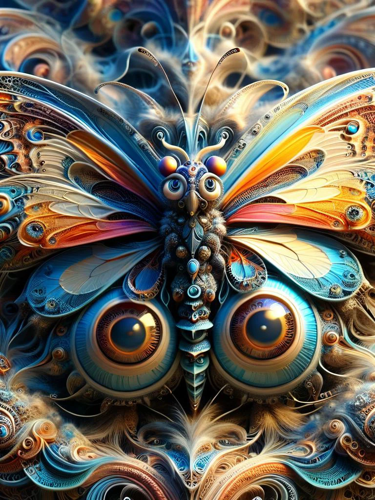 enchanted, Whimsical, hydra juveniles, with soft, velvety fur and wide, curious eyes, with a butterfly in the foreground made of ral-frctlgmtry, intricate details, colorful, magical, realism, hyperrealistic <lora:ral-frctlgmtry:1.2>