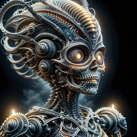 Gothic style female android mechanical skeleton made of candle scales,pitch black dark background,[lemon slices:alien spaceship coming out of the clouds:6],sharp,tiltshift,hyperdetailed,maximum fidelity,quality,cinematic,subsurface scattering,maximal attention to correctness and detail,epic,magnificent,wondrous,<lora:DeverScalesXL:0.9>,dvrscls,<lora:ral-frctlgmtry-sdxl:0.8>,ral-frctlgmtry, . Dark