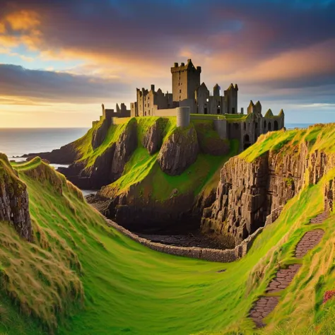 Irish landscape, mixed with scottish elements, Dunluce Castle, Celtic religion is an ancient set of spiritual beliefs and practices of the Celtic people who lived during the Iron Age