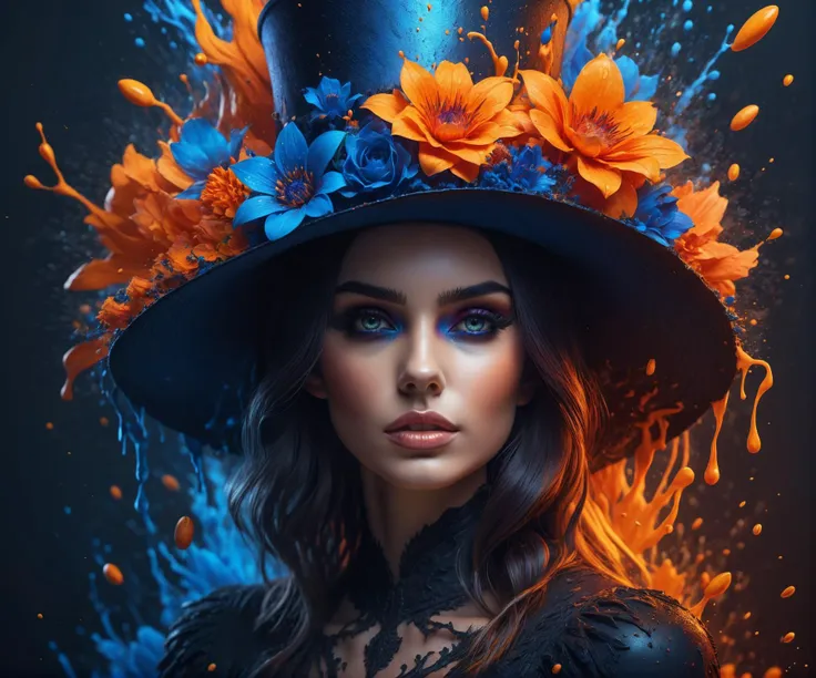 Gothic style sharp spectrum,Portrait Of Young Woman Flower Hat,Makeup,Explosion Of Liquid Splash,Orange,blue,Highly Detailed,Fantasy Background,Illustration,Sharp Focus,Dramatic Lighting,Trending On Artstation,Cinematic,8k,Concept Art,Elegant,Reflections, . Dark