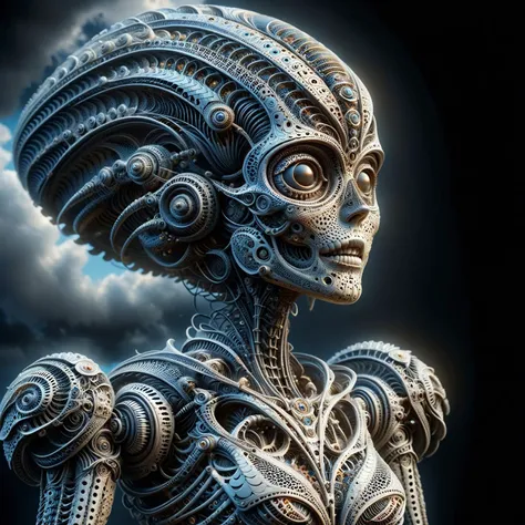 female android mechanical skeleton made of Granite scales,pitch black dark background,[lemon slices:alien spaceship coming out of the clouds:6],sharp,tiltshift,hyperdetailed,maximum fidelity,quality,cinematic,subsurface scattering,maximal attention to correctness and detail,epic,magnificent,wondrous,<lora:DeverScalesXL:0.8>,dvrscls,<lora:ral-frctlgmtry-sdxl:0.8>,ral-frctlgmtry,