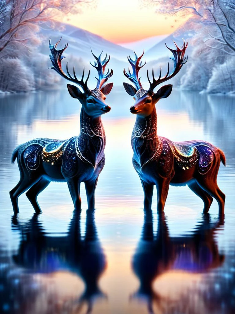 supernatural, Lovable, ice deer fawns, flickering with gentle, soothing lights, with a lake reflection in the background made of ral-frctlgmtry, intricate details, colorful, magical, realism, hyperrealistic <lora:ral-frctlgmtry:1.3>