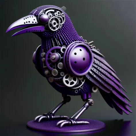 Dystopian style Pointillism style purple mechanical crow, Composed entirely of small metallistic things