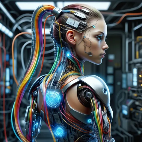 (Ultra realistic, digital artwork) full body image of a cyborg female, translucent body, intricate machinery, metallic plating, biological components, hair is colorful cables and wiring, hair in a ponytail, drawing, painting, sharp crisp lines, highly detailed, smooth textures, tone mapped