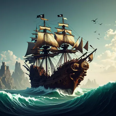 (PStyl3 background:1.4) maximalist art, S1LK4RT pirate ship, ocean with kraken lingering below