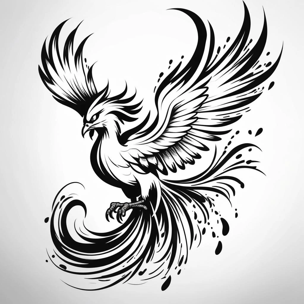 flat image black and white tattoo design of a fast sketch phoenix