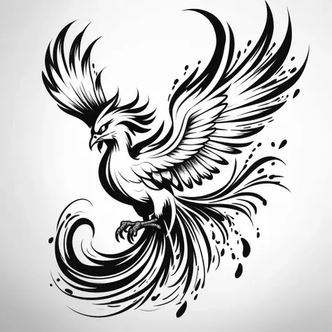 flat image black and white tattoo design of a fast sketch phoenix