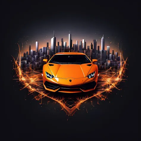 (lamborghini:1.3), (text logo:1.5), orange, black, lamborghini made of S1LK4RT, cityscape on vantablack background