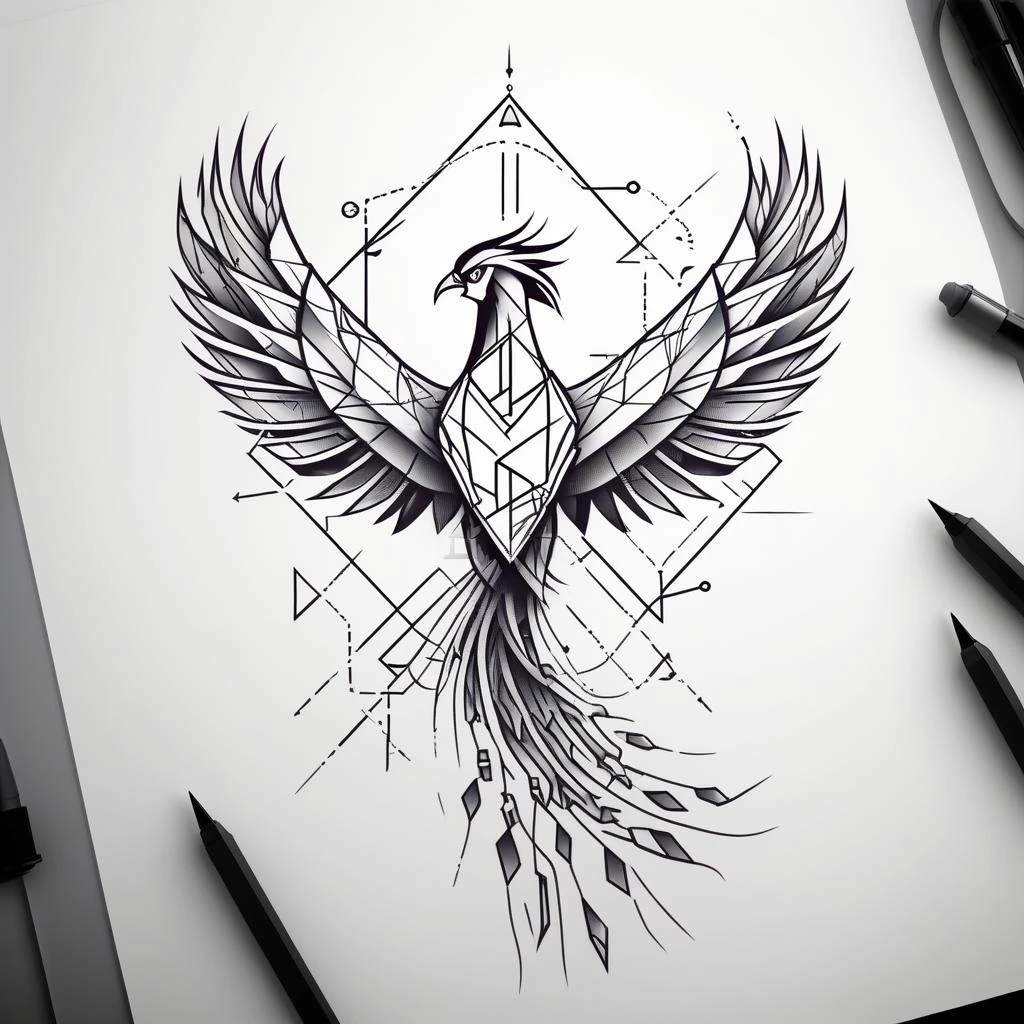 flat image tattoo design of a geometric scratch line phoenix with tech