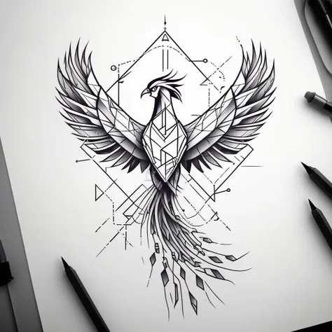 flat image tattoo design of a geometric scratch line phoenix with tech 