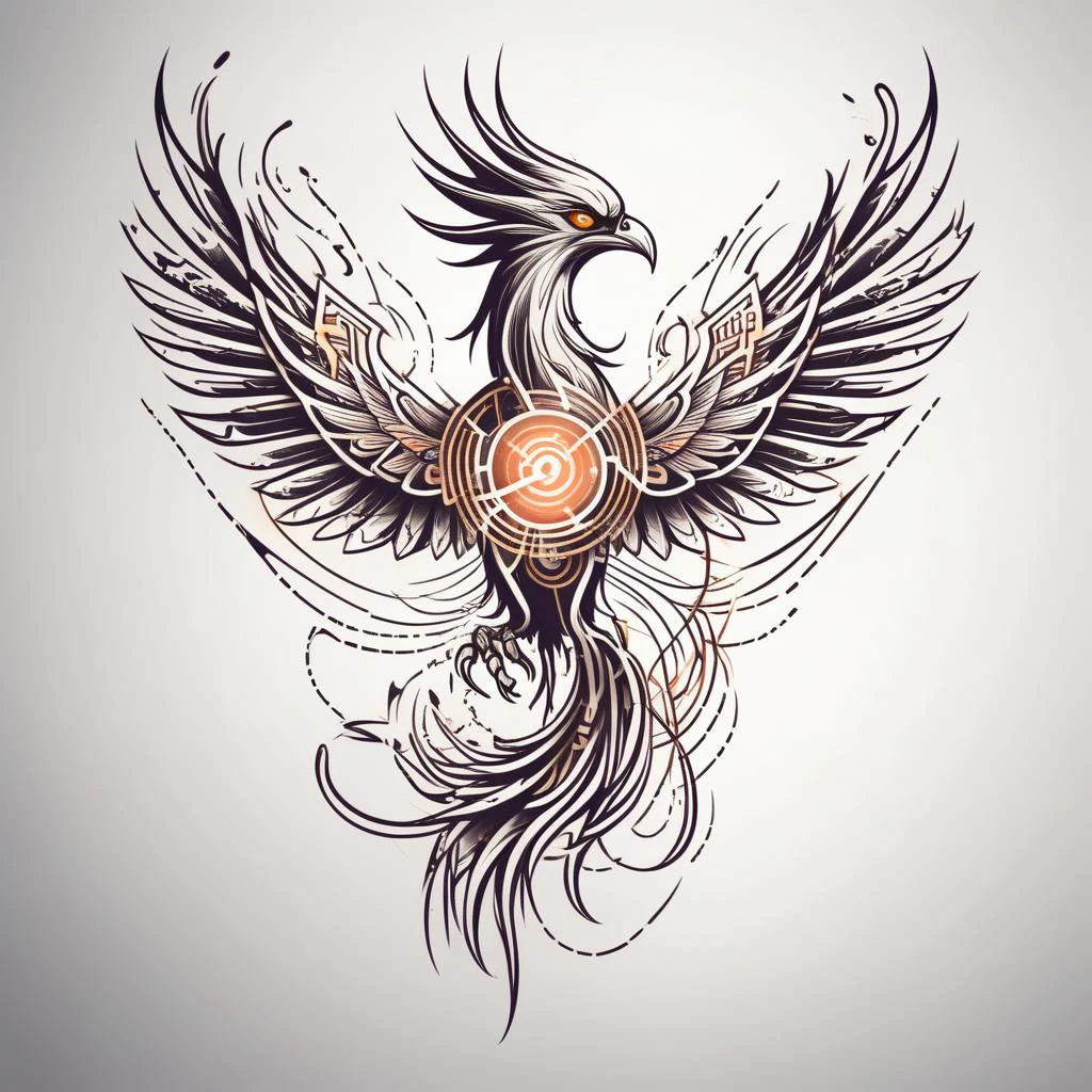 flat image tattoo design of a scratch line phoenix with tech