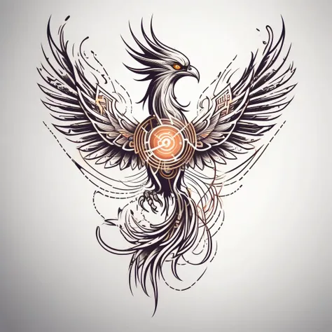 flat image tattoo design of a scratch line phoenix with tech 