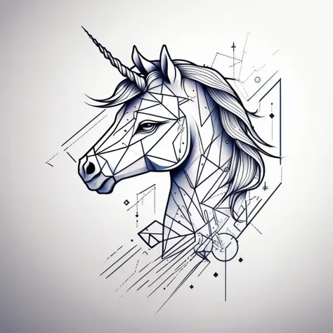 flat image tattoo design of a geometric scratch line unicorn with tech 