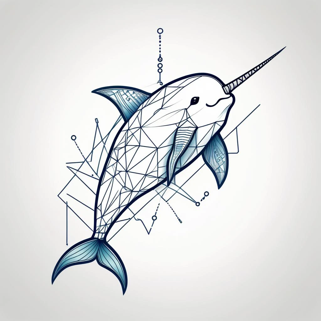 flat image tattoo design of a geometric scratch line narwhal with tech