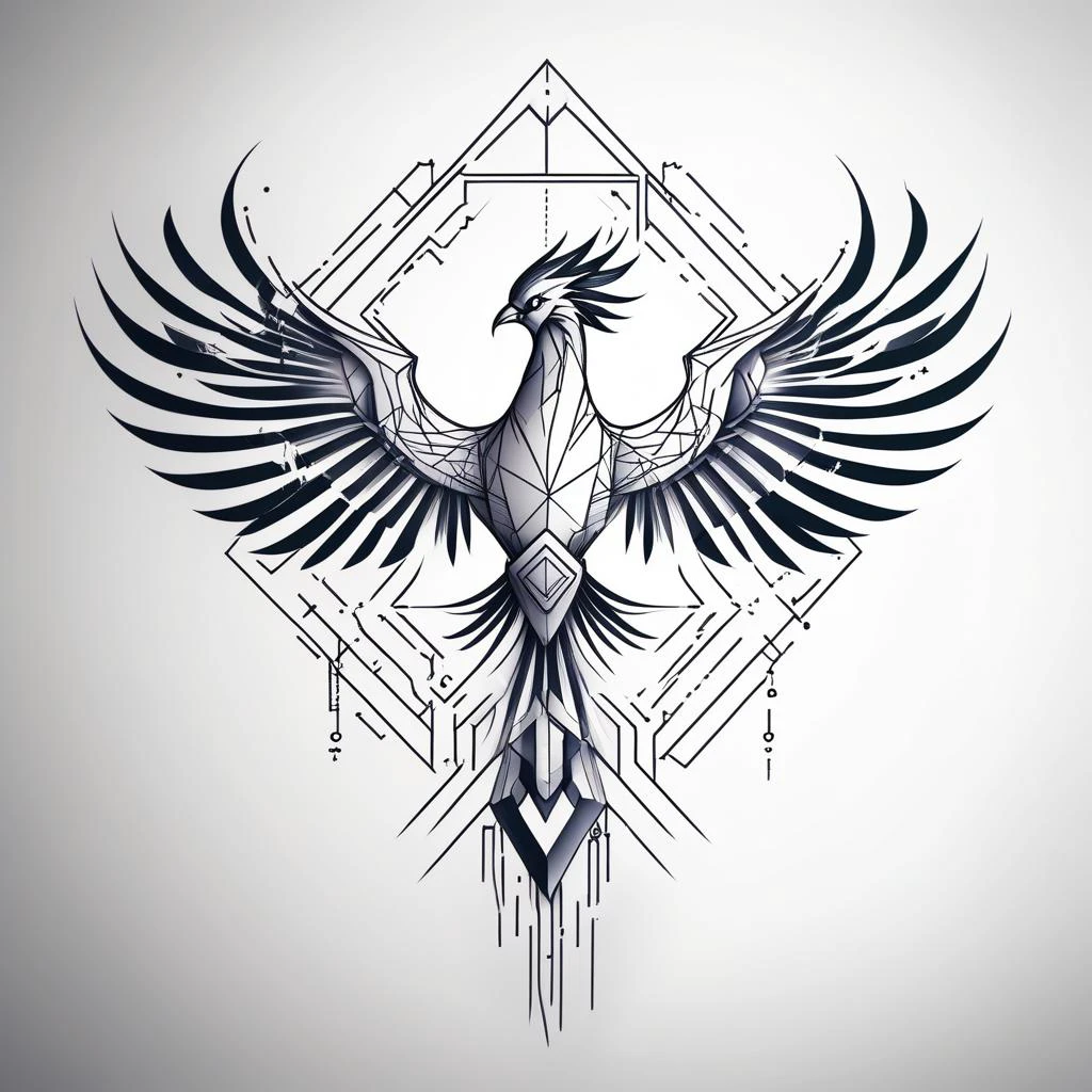 flat image tattoo design of a geometric scratch line phoenix with tech