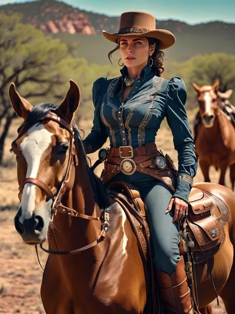 Cinematic, 32yo Female, Hyper quality, hyper-detailed, hyper-maximalist, extremely intricate, Brazilian Wrangler, Texas ranch 1900s, wrangler attire, cinematic lighting, cinematic pose, wary expression, tense pose, riding Steampunk Horse Drone