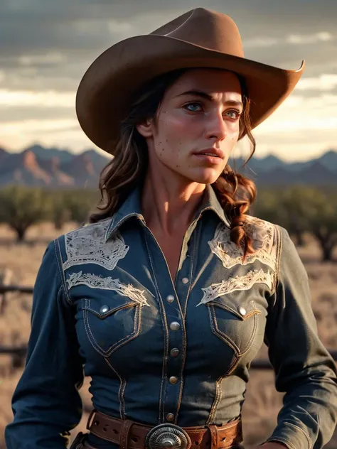 Cinematic, 32yo, Hyper quality, hyper-detailed, extremely intricate, Female, Wrangler, Texas ranch 1900s, wrangler attire, cinematic lighting, cinematic pose, wary expression, tense pose,