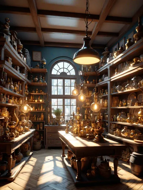 Hyper-Realistic, Hyper quality, hyper-detailed, hyper-maximalist, extremely intricate, volumetric lighting, volumetric shadows, alchemist shop interior, clutter, equipment