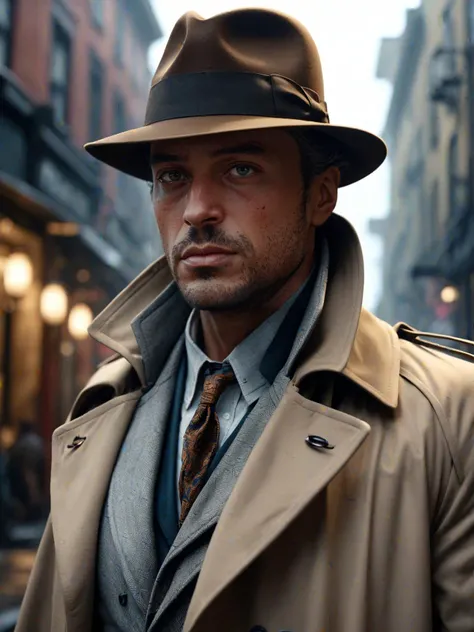 Hyper-Realistic, Hyper quality, hyper-detailed, hyper-maximalist, extremely intricate, cinematic lighting, cinematic, mysterious stranger, fedora, trench coat