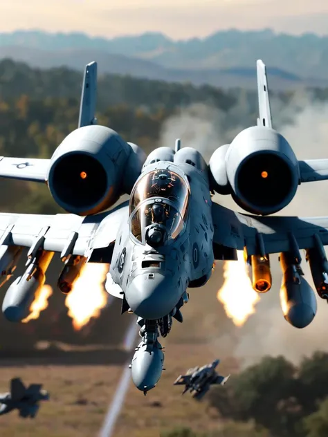 anime, Hyper quality, hyper-detailed, hyper-maximalist, extremely intricate, cinematic lighting, cinematic pose, bokeh, wary expression, tense pose, a-10 thunderbolt II, attack run, chaingun, brrrrrrrt, midair
