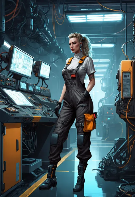 digital illustration, cyberpunk engineer, factory interior, machinery, ceramic, female, overalls, anachronistic