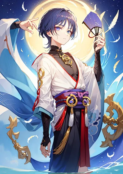 (Realistic painting style:1.1), masterpiece, best quality, absurdres, ((1boy, male focus)), solo, dynamic pose, indigo hair, indigo eyes, red eyeliner, ((alternate hairstyle, long hair, long sleeves)), flower petals, floating hair, very long hair, (dancing, arm up, hand up, dancer, fan dance, elegance), ((alternate costume, kimono clothes, geisha,
white top)), collar cover chest, loose collar, black silk top inner, cowboy shot, moon, night, water, night sky, outdoors, blue bow, floating clothes, feathers, ((sensu, holding fan)), from side, seductive, sorrowful, above lap, long hem, <lora:scaramoucheGenshinImpact_v10:0.7>, <lora:raidenShogunLora_raidenShogun:0.6>