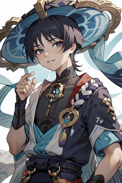 <lora:scaramouche:1> (wanderer:1.2), scaramouche (genshin impact), 1boy, male focus, solo, hand on headwear, vest, upper body, portrait
