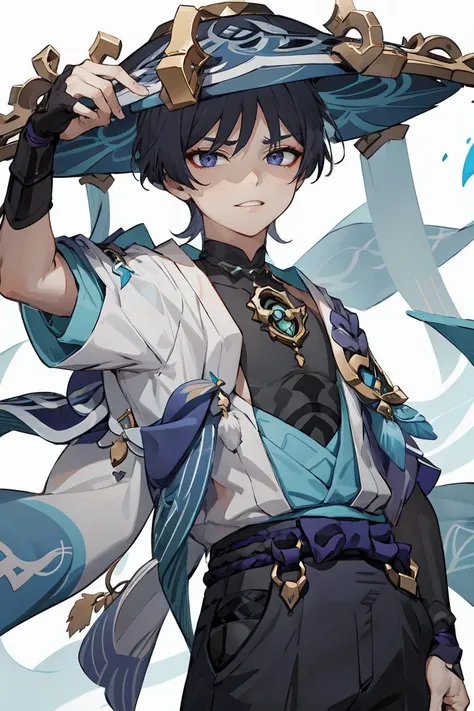<lora:scaramouche:1> (wanderer:1.2), scaramouche (genshin impact), 1boy, male focus, solo, hand on headwear, vest