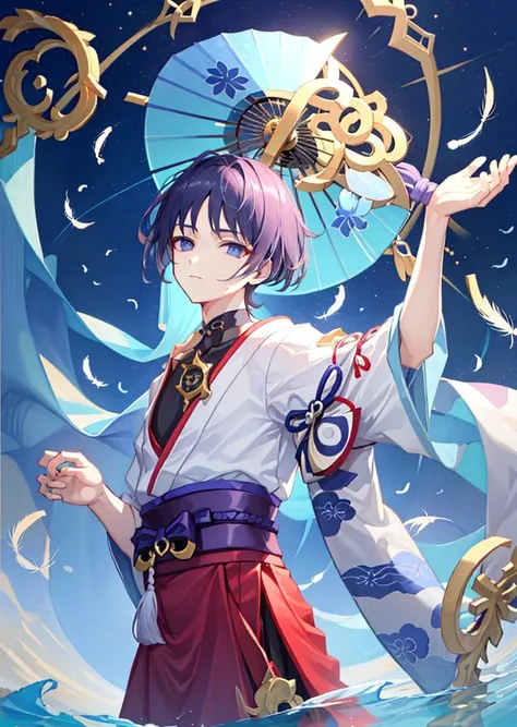 (Realistic painting style:1.1), masterpiece, best quality, absurdres, ((1boy, male focus)), solo, dynamic pose, indigo hair, indigo eyes, red eyeliner, ((alternate hairstyle, long hair, long sleeves)), flower petals, floating hair, very long hair, (dancing, arm up, hand up, dancer, fan dance, elegance), ((alternate costume, kimono clothes, geisha,
white top)), collar cover chest, loose collar, black silk top inner, cowboy shot, moon, night, water, night sky, outdoors, blue bow, floating clothes, feathers, ((sensu, holding fan)), from side, seductive, sorrowful, above lap, long hem, <lora:scaramoucheGenshinImpact_v10:0.7>, <lora:raidenShogunLora_raidenShogun:0.6>