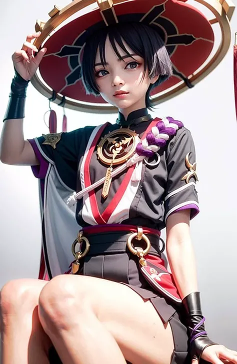 masterpiece, best quality,Balladeer, scaramouche (genshin impact), 1girl,medium breasts,breats, female focus, solo, petals,(kbxll:0.6)