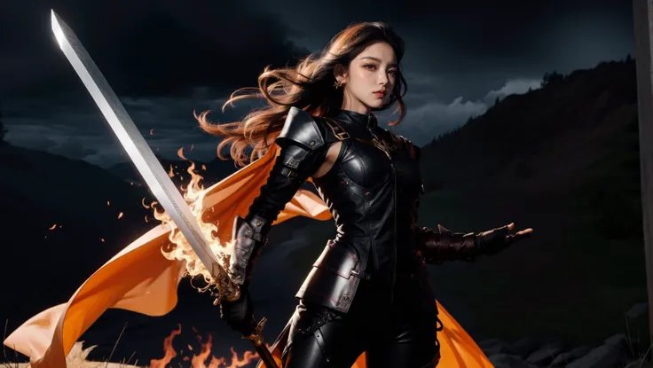 Best quality,masterpiece,ultra high res,(in the dark, deep shadow, low key, cold light),(night:1.4),fix,<lyco:Glowing_style_lycoris_1.4:1.0>,Glowing style, gold glowing sword, glowing, gold fire, right hand sword, flaming weapon, female swordsman, 1girl, weapon, pointy ears, solo, sword, armor, breasts, holding, long hair, earrings, gauntlets, shoulder armor, holding weapon, jewelry, looking at viewer, standing, elf, pauldrons, holding sword, covered navel, dress, bodysuit, medium breasts, very long hair, lips, closed mouth, tilt up, <lora:Brightness Adjustment_B_1.1:0.9>