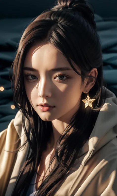 Best quality,masterpiece,ultra high res,(in the dark, deep shadow, low key, cold light),(night:1.4),fix,<lyco:Glowing_style_lycoris_1.4:1.0>,yellow glowing earrings, 1girl, solo,