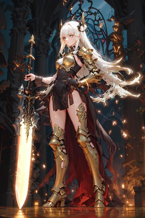 Best quality,masterpiece,ultra high res,(in the dark, deep shadow, low key, cold light),(night:1.4),fix,<lyco:Glowing_style_lycoris_1.4:1.0>,Glowing style, gold glowing weapon, gold glowing sword, female swordsman, right hand sword, solo, holding, 1girl, armor, holding weapon, holding sword, long hair, very long hair, indoors, shoulder armor, standing, wings, pauldrons, full body, white hair, blonde hair, Roman Architecture, Arches, Reliefs, tilt up