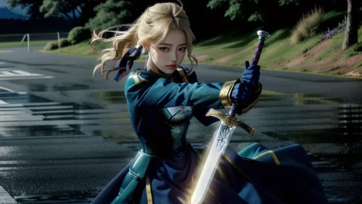 Best quality,masterpiece,ultra high res,(in the dark, deep shadow, low key, cold light),(night:1.4),fix,<lyco:Glowing_style_lycoris_1.4:1.0>,Glowing style, gold glowing sword, 1girl, artoria pendragon \(fate\), saber, armor, sword, blood, ahoge, blonde hair, rain, blood on face, armored dress, gauntlets, holding, puffy sleeves, long sleeves, excalibur \(fate/stay night\), green eyes, holding weapon, juliet sleeves, dress, holding sword, solo, ribbon, faulds, hair ribbon, glowing weapon, parted lips, blue dress, blood on clothes, breastplate, bangs, blue ribbon, lips, flag, glowing sword, hair between eyes, glowing, injury, blood on weapon, outdoors, cloudy sky, looking at viewer, teeth, realistic, <lora:Brightness Adjustment_B_1.1:0.9>, <lora:Artoria_Pendragon:0.8>