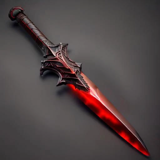 And a Dagger made of red metal with a Wolf Theme handle. Elegand and detailed handle. Dagger reflects the light of a flame that is not visible. Elegeant wolf emblem on the handle.