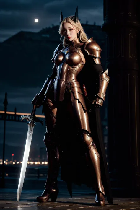 Best quality,masterpiece,ultra high res,(in the dark, deep shadow, low key, cold light),(night:1.4),fix,<lyco:Glowing_style_lycoris_1.4:1.0>,Glowing style, glowing armor, glowing sword, left hand sword, female swordsman, 1girl, weapon, armor, sword, solo, holding, holding weapon, long hair, holding sword, shoulder armor, breastplate, cape, standing, gauntlets, pauldrons, full body, high heels, armored boots, white hair, closed mouth, boots, white cape, greaves, red lips, breasts, blonde hair ,kawaii face,(ulzzang-6500-v1.1:0.9), <lora:Brightness Adjustment_B_1.1:1>