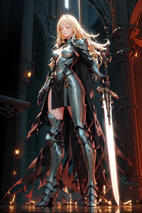 Best quality,masterpiece,ultra high res,(in the dark, deep shadow, low key, cold light),(night:1.4),fix,<lyco:Glowing_style_lycoris_1.4:1.0>Glowing style, glowing weapon, glowing sword, left hand sword, female swordsman, 1girl, weapon, armor, sword, solo, holding, holding weapon, long hair, holding sword, shoulder armor, breastplate, cape, standing, gauntlets, pauldrons, full body, high heels, armored boots, white hair, closed eyes, closed mouth, boots, white cape, greaves, red lips, breasts, blonde hair