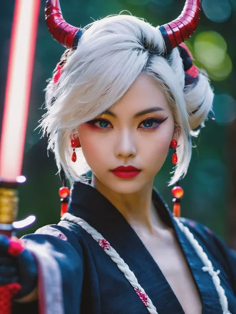Glowing style, yellow glowing earrings, Samurai, 1girl, red lower eyeshadow, weapon, sword, solo, holding, arm armor, oni horns, horns, ponytail,japanese clothes, katana, black gloves, rain, wide sleeves, long sleeves, closed mouth, looking at viewer, kimono, blue eyes, blurry, rope, white hair, hair ornament, looking back, makeup, upper body, sheath, blurry background, red lips, outdoors, two-handed, lips, hands up,in the dark, deep shadow, low key, cold light, <Glowing_style_XL_0.1:0.75>, <PrgXL_V1:0.75>, glowing weapon, glowing sword, glowing particle,