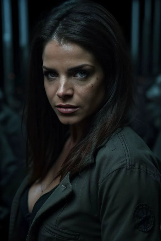 Milf, in apocalyptic bunker, small firm breast, deep cleavage, dark atmosphere, portrait focus on face, depth of field, scrappy clothing, glowing sword in hand, glowing particle around face
