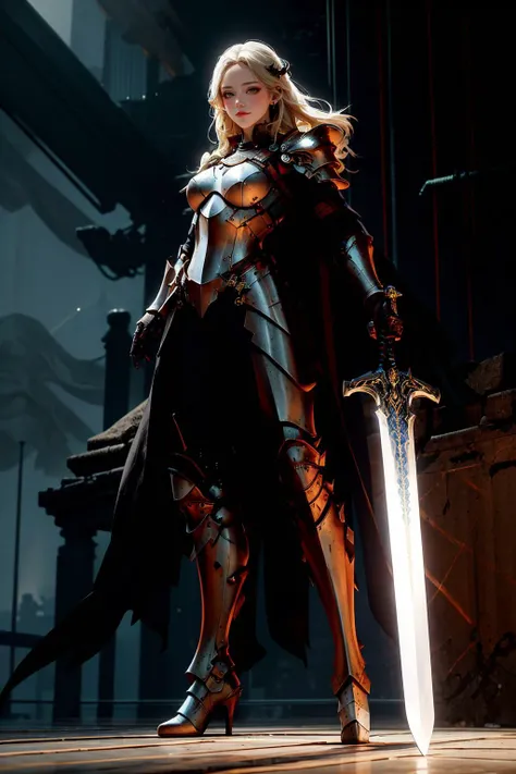 Best quality,masterpiece,ultra high res,(in the dark, deep shadow, low key, cold light),(night:1.4),fix,<lyco:Glowing_style_lycoris_1.4:1.0>,Glowing style, glowing sword, left hand sword, female swordsman, 1girl, weapon, armor, sword, solo, holding, holding weapon, long hair, holding sword, shoulder armor, breastplate, cape, standing, gauntlets, pauldrons, full body, high heels, armored boots, white hair, closed mouth, boots, white cape, greaves, red lips, breasts, blonde hair ,kawaii face,(ulzzang-6500-v1.1:0.9), <lora:Brightness Adjustment_B_1.1:1>