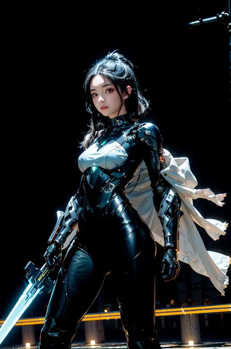 Anne from England, long slicked-back [black:.3] hair, Best quality,masterpiece,ultra high res,(in the dark, deep shadow, low key),(night:1.4),fix,<lyco:Glowing_style_lycoris_1.4:1.0>, 1girl, <lora:Brightness Adjustment_B_1.1:0.5>,Glowing style,green glowing sword,robot,mecha,warrior