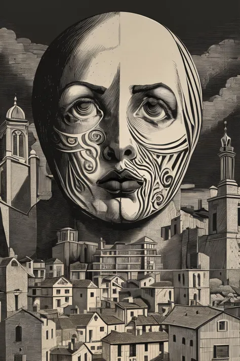 masterpiece,best quality,<lora:tbh150-:0.7>,illustration,style of Piero Fornasetti Nazgul over sleeping town