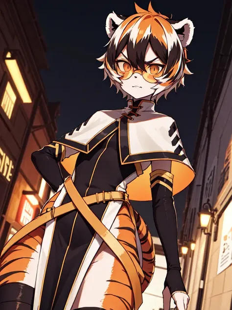 masterpiece, best quality, solo, (detailed eyes:0.9), (detailed lighting, depth of field:0.9), tiger stripe,
Standing, white capelet, thighhighs, armwear, pelvic curtain, round glasses, black dress,
city street,
dutch angle,
evening,
angry,
<lora:Waai_fu_Gen5-1-000014:0.6>