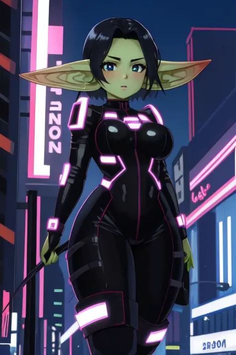 tron theme, 1girl, solo, 4k, highly detailed photo, <lora:goblin_datasets_pruned:1> goblin girl, large breasts, tron bodysuit, dark tron city
