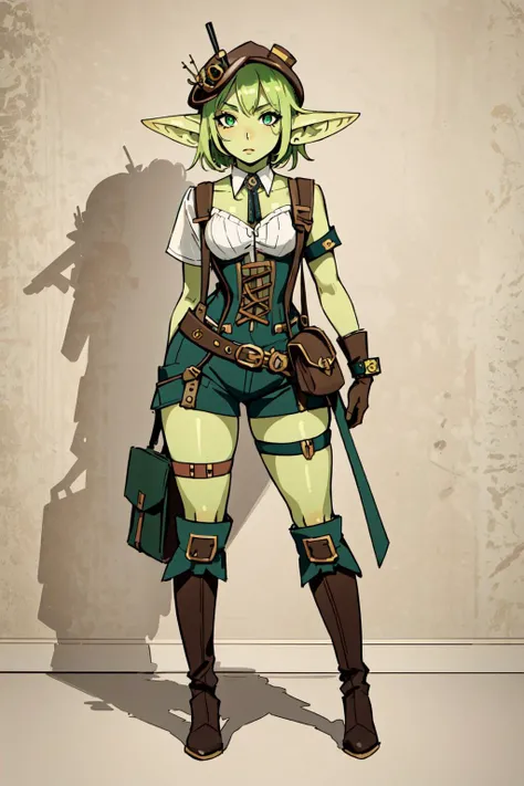 (masterpiece, best quality), intricate details,
1girl, <lora:goblin_lora:0.8> goblin girl, green skin, <lora:steampunk:0.8> bag, belt puch, cabbie hat, corset, gloves, pouch, shoulder bag, thigh holster, thigh strap, boots, suspenders, wristband, steampunk,