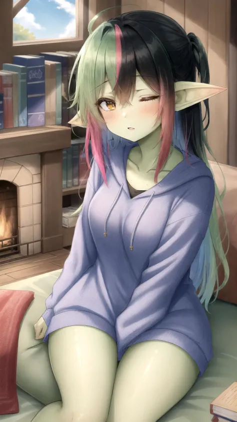 ((masterpiece, green skin), best quality, natural lighting, 1girl, goblin girl),
ultra detailed, sharp focus, best quality, masterpiece, colorful, <lora:HairOverOneEye_LOCO_s:2.5> 1girl, hair over one eye, teen, multicolored hair, rainbow hair, (oversized_hoodie:1.3), (black oversized_hoodie), head down, sitting on a couch, library background, surrounded by books, lightrays, sleepy, yawn, fireplace, black hair, eyes closing, napping, best quality,
masterpiece, intricate details,
skindentation,
<lora:goblin_datasets_pruned:0.9> <lora:oversized_sweater:0.4> <lora:RainbowHairV1:0.7>