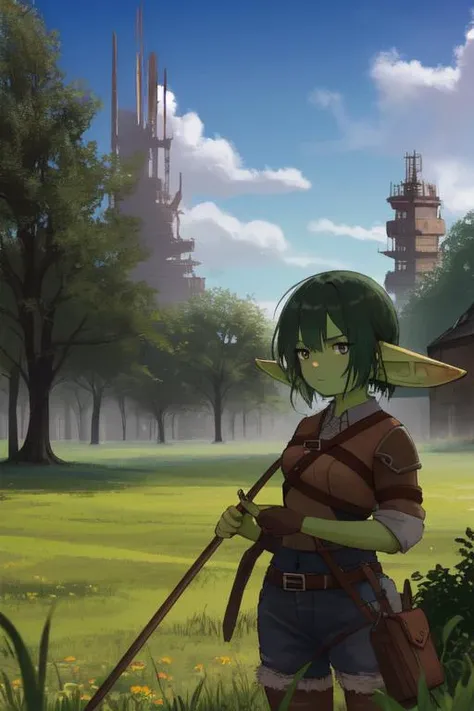 strange and mysterious setting, 1girl, solo, 4k, highly detailed, cowboy shot, <lora:goblin_datasets_pruned:1> goblin girl, empty field, rusty destroyed giant machine, overgrown nature, towers in background
