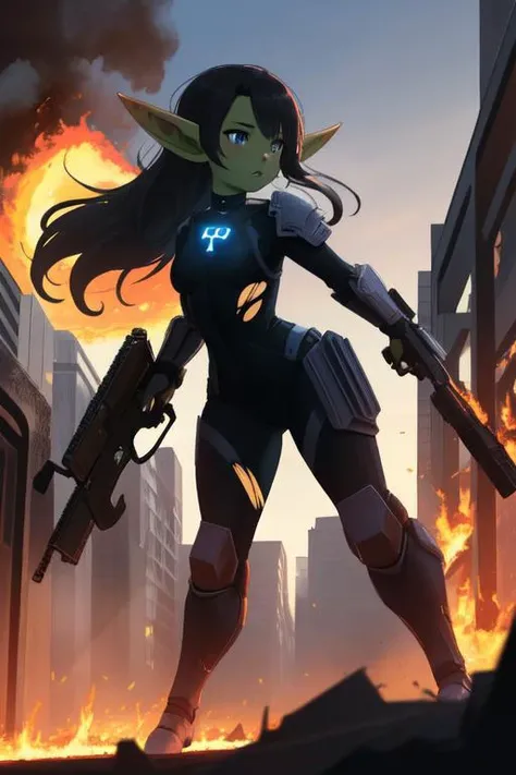 tron them, war setting, 1girl, solo, 4k, highly detailed, combat shot, holding futuristic gun, <lora:goblin_datasets_pruned:1> goblin girl, torn bodysuit, armor, burning futuristic city, burning vehicles, lasers, fire, killer robots